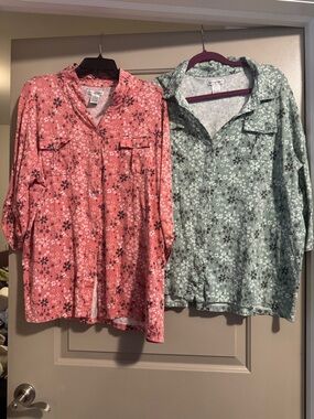 2 Floral Button-Front Tunic Top - Coral and Sage